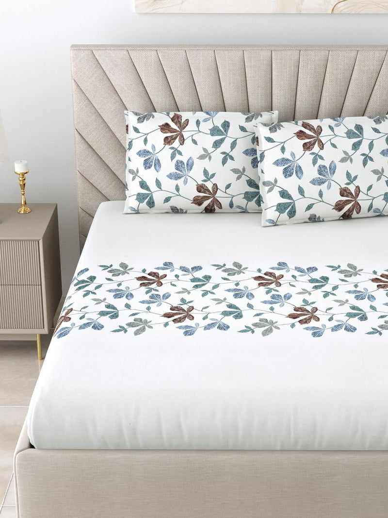 Salona Bichona White & Sky Blue Floral Printed Cotton 300 Tc King Size Bedsheet with 2 Pillow Covers