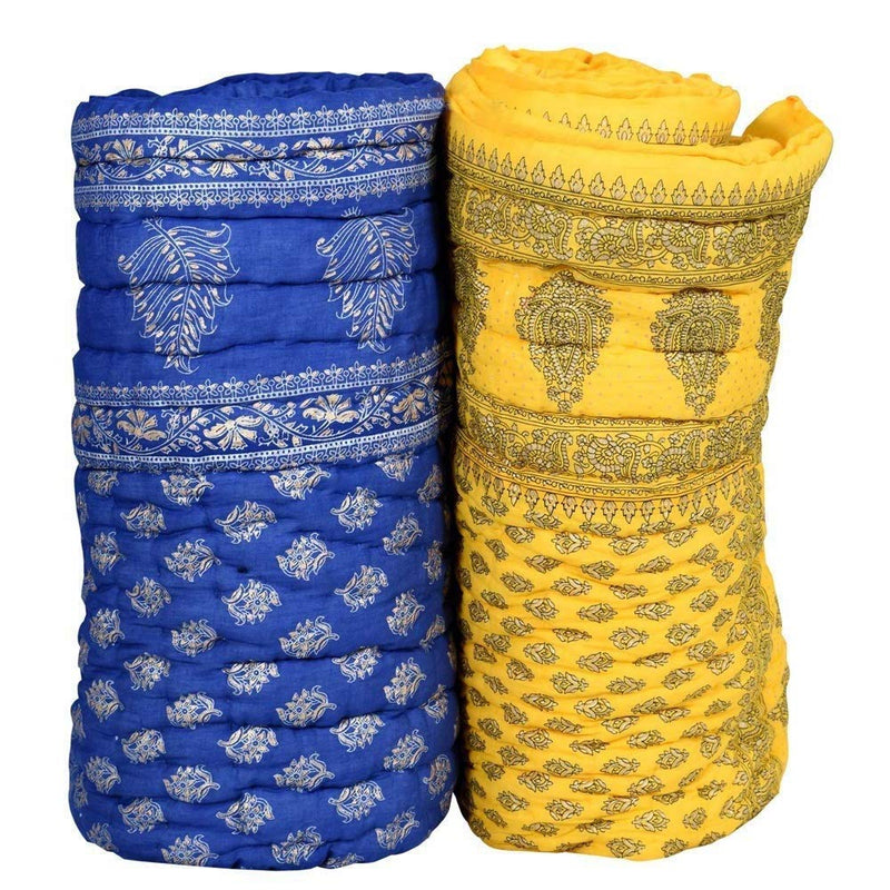 HOPEE Shop 400 TC Jaipuri Razai Soft Light Weight Original Pure Cotton Winter and Summer Rajasthani Traditional Jaipuri Ac Quilt Rajai/Razai/Quilt Single Bed, Set of 2 (Blue and Yellow Golden)