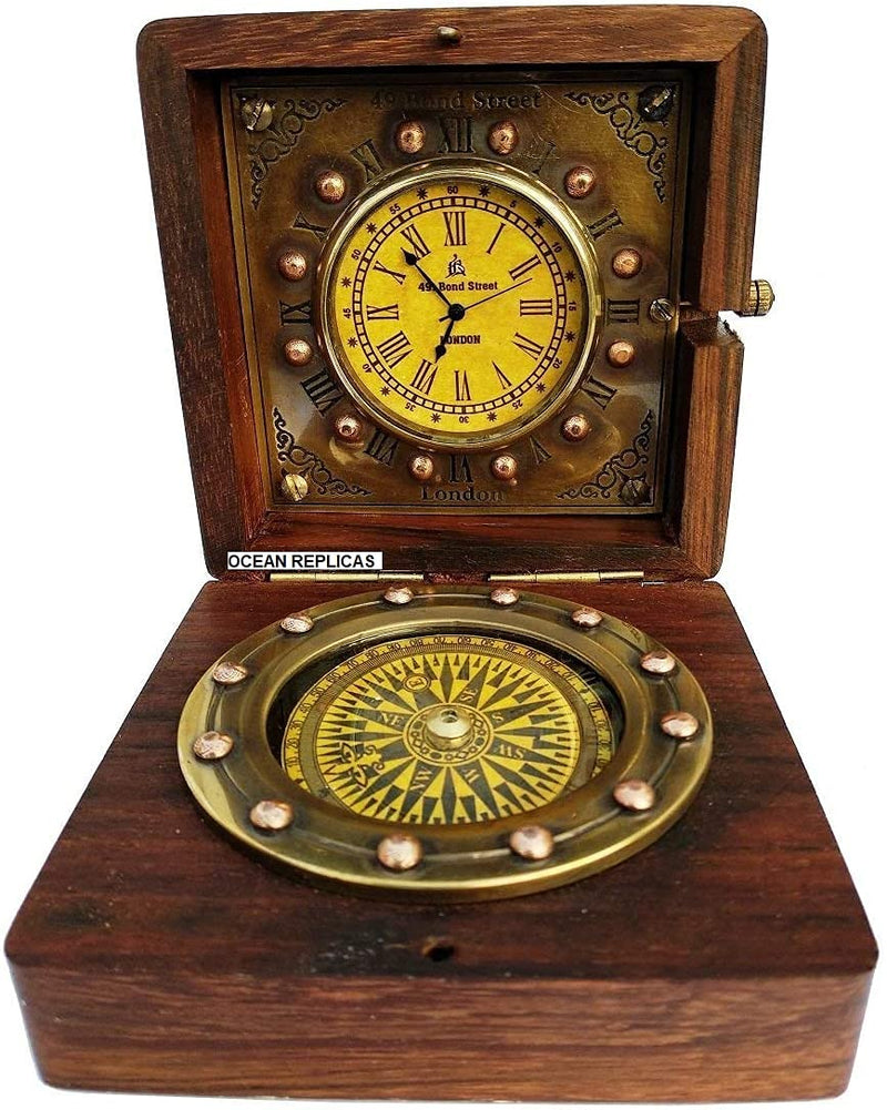 Marine Art Replicas Authentic Clock Compass in Rose Wood Box, Vintage Gift…