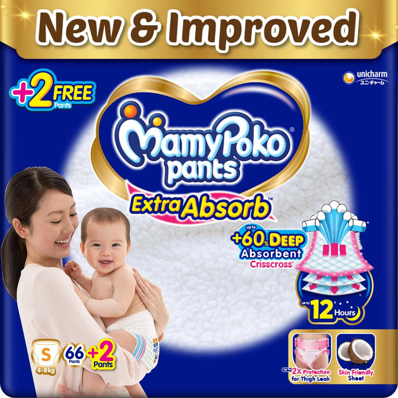 MamyPoko Pants Extra Absorb Baby Diapers, Small (S), 66(+2) Free Diaper, 4-8 Kg, 68 Count