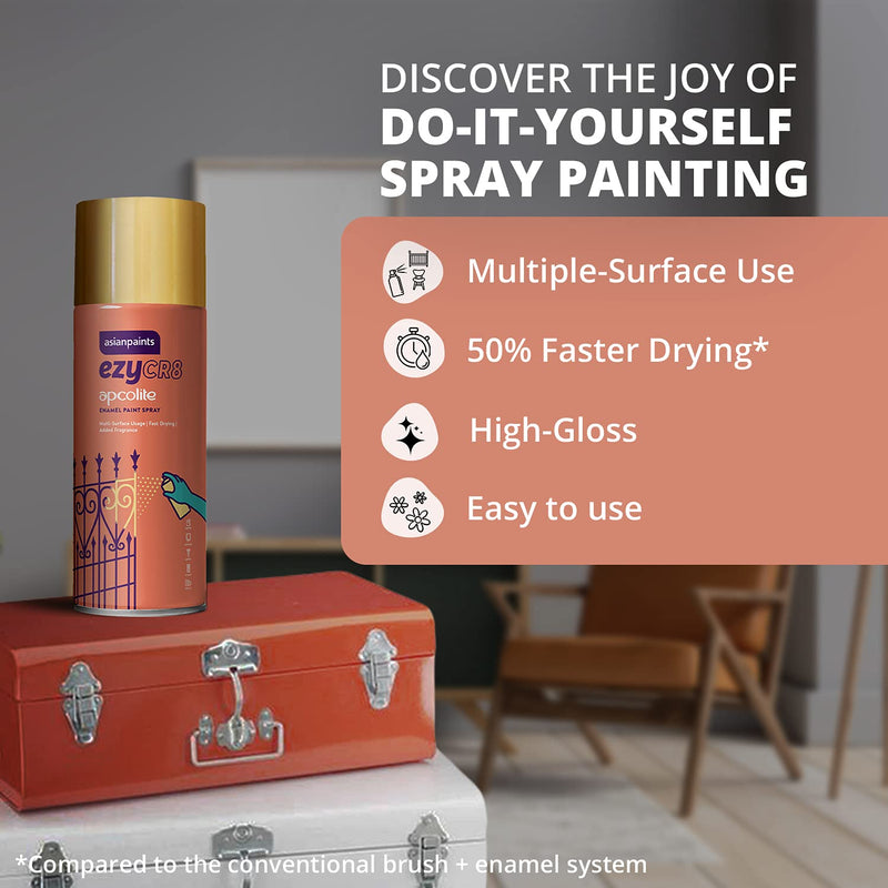 Asian Paints ezyCR8 Apcolite Enamel Multi-Surface DIY Spray Paint Gold 250 g (400ml) Can