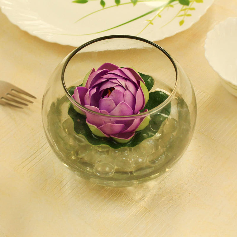 Tied Ribbons Glass Round Vessel with Faux Lotus and Natural Stones (12.49 cm x 12.49 cm x 12.49 cm), Multicolour