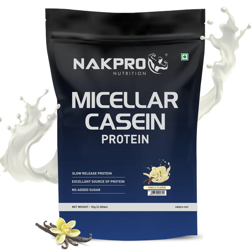 NAKPRO 100% Micellar Casein Protein Supplement |25g Protein, 9.91g EAAs, 4.83g BCAAs| Slow Absorbing Micellar Casein Protein Powder (Vanilla, 1 Kg)