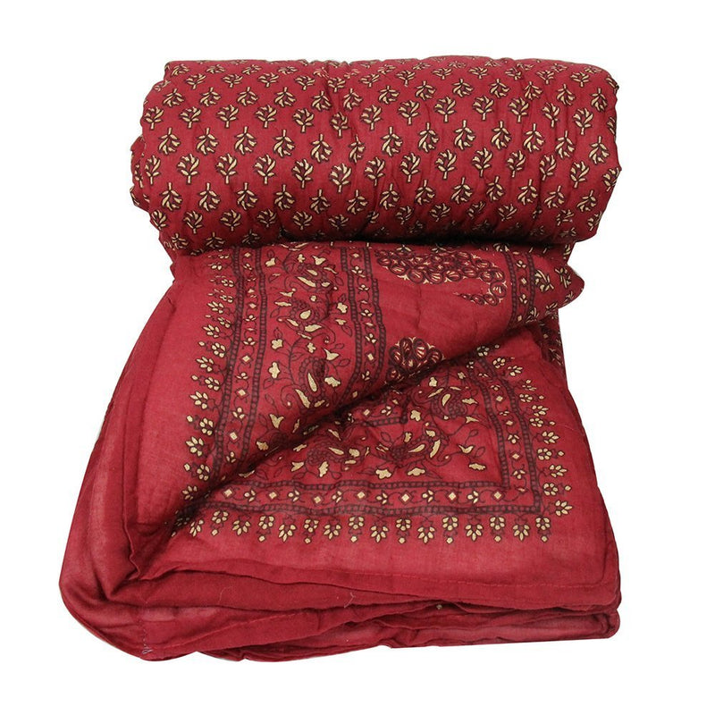 SVT Jaipuri Light weight Cotton Traditional Rajasthani Gold Print Red Single Bed Quilt