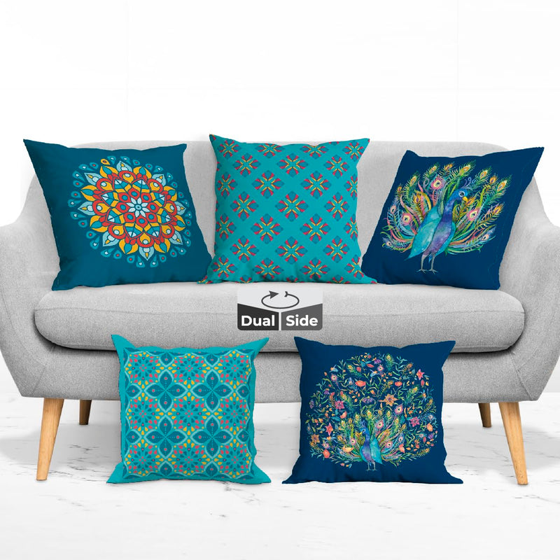 Brizberry® Designer Blue Peacock Ethnic Decorative Premium Poly Cotton Throw Pillow Cushion Covers, Double Both, Set of 5 (16 inch x 16 inch) (Design 42)