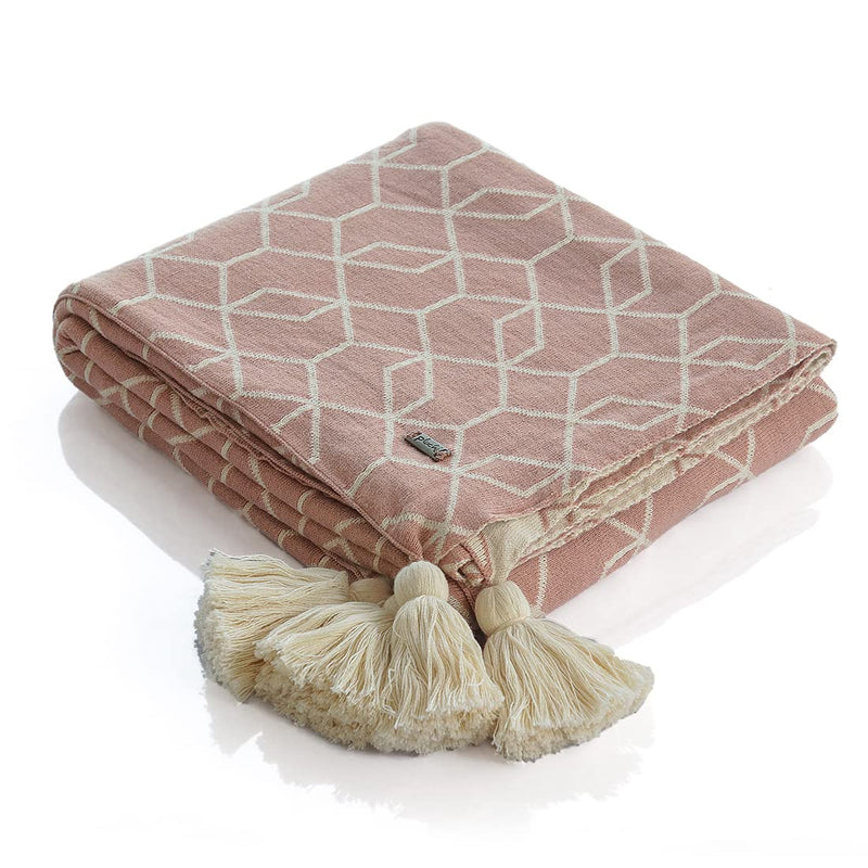 Pluchi Trellis Cotton Knitted All Season AC Throw Blanket in Blush Pink and Natural Color (125 cm x 150 cm)