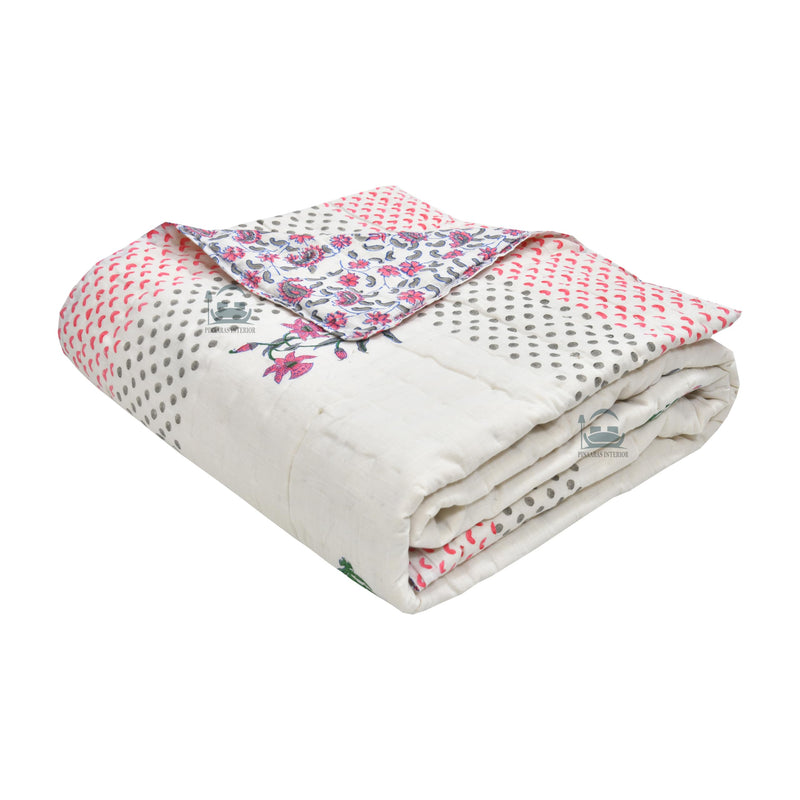 PINAARAS INTERIORS 300 TC Double Bed Jaipuri Razai Organic Pure Cotton Jaipuri rajai Ac Quilt for All Season Soft Lightweight Rajasthani Traditional Cotton Comforter - Pink Flowers