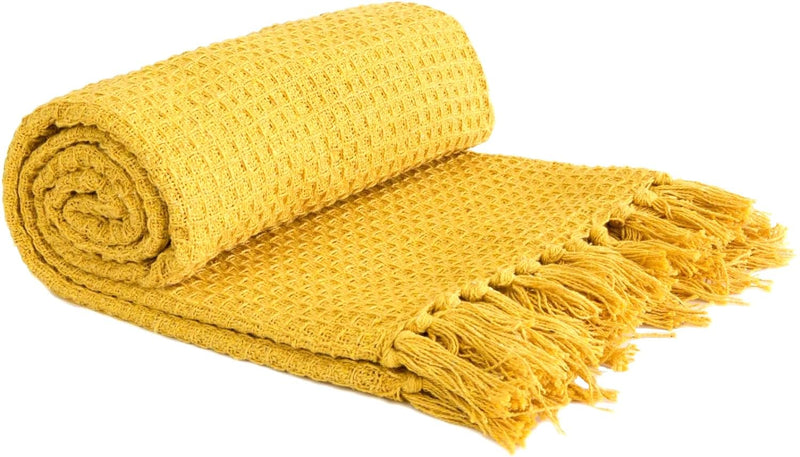 DOLCE CASA Soft Cotton Throw Blanket | Used Both Indoor and Outdoor | Blanket for Living Room, Sofa, Bed & Chair | 130x170 cm- Yellow.