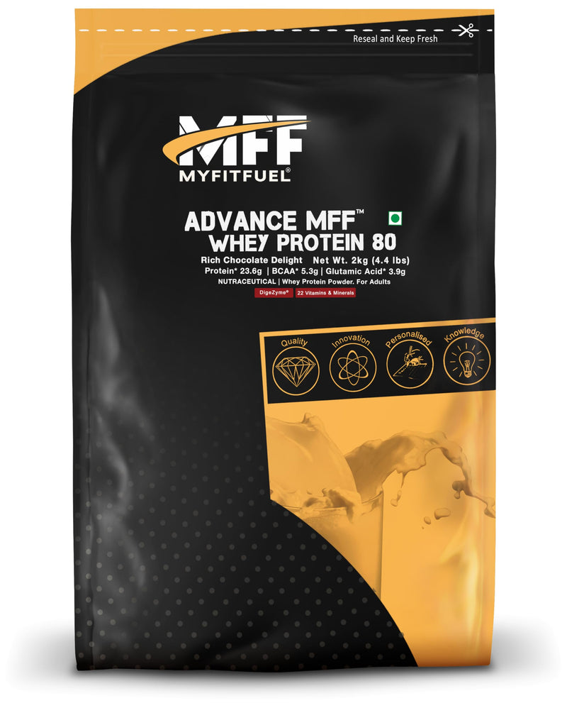 MyFitFuel Advance MFF Whey Protein 80, Whey Concentrate 80% With Digestive Enzymes and Multi Vitamins | 2 Kg, 56 Servings (Rich Chocolate Delight)