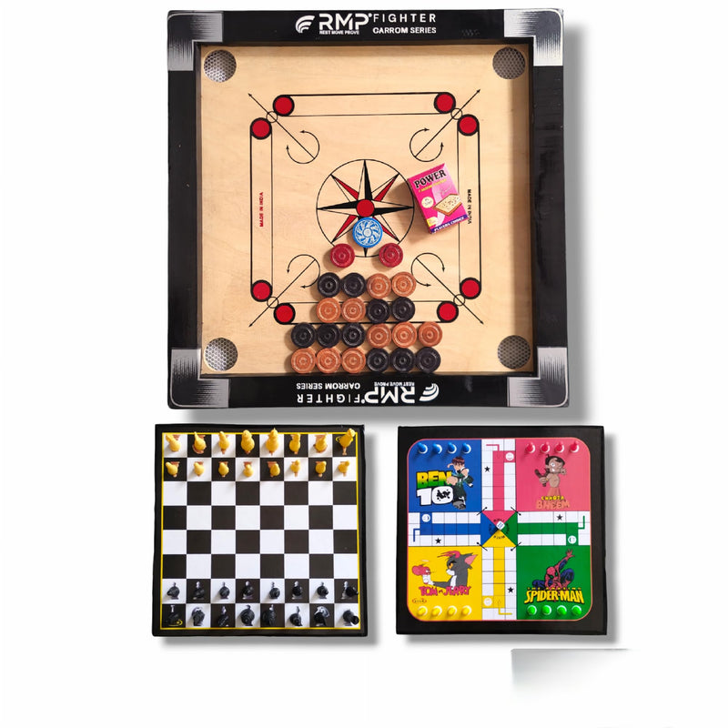 RMP Carrom Board for Kids 20 inches, Smooth Surface, Glossy Finish Carrom Board with Carrom Coins, Striker 15gm and Magic boric Powder with Chess Board and Ludo Board Game.