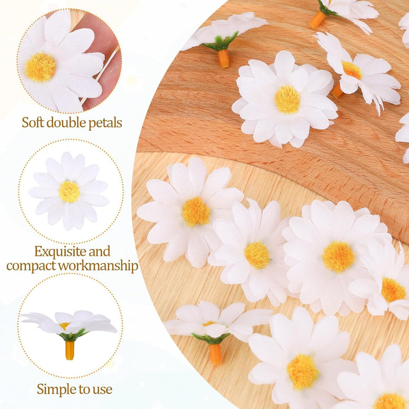 100Pcs 1.5 Inch Artificial Gerbera Daisy Fabric Flower Heads, White Artificial Chrysanthemum Flowers for Wedding Party, DIY Craft