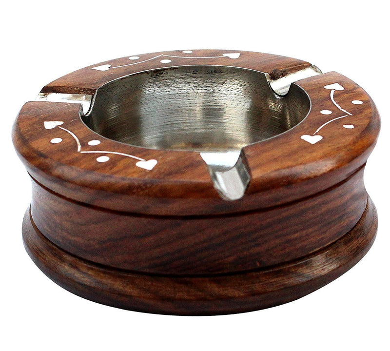 AMSSMAART Handmade Wooden Decorative Round Shape Ashtray with Cigarette Storage | 3-Slot Ashtray for Home, Car, Garden
