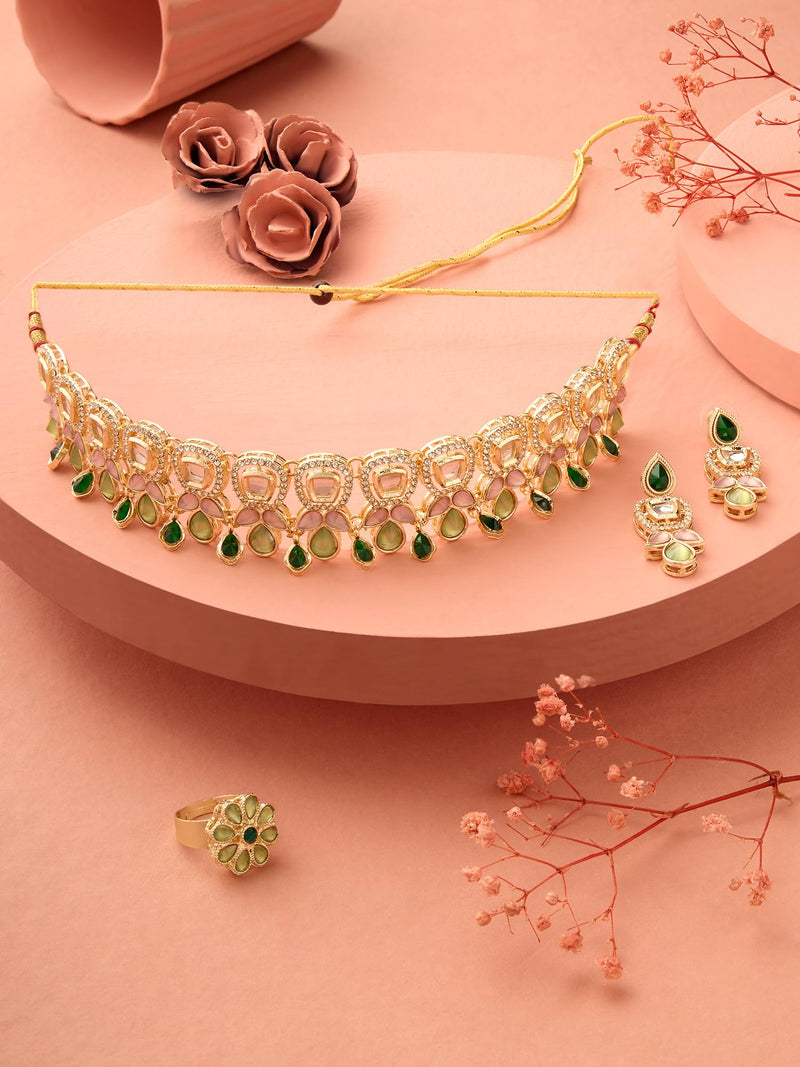 ZAVERI PEARLS Green Pink Stones Austrian Diamonds Embellished Choker Necklace Earring & Ring Set For Women-ZPFK17672