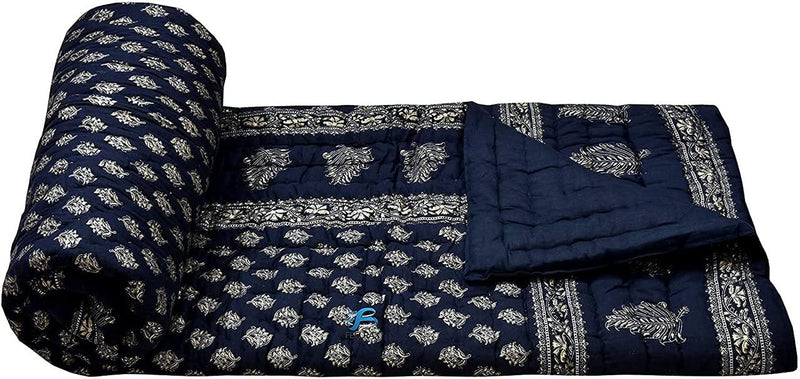 BRULD Jaipuri Razai Rajasthani Traditional Golden Printed Hand Stitched Blanket King Size Winter and Summer Soft Light Weight Ac Quilt Rajai Original Pure Cotton Comforter (Blue, Double Bed)