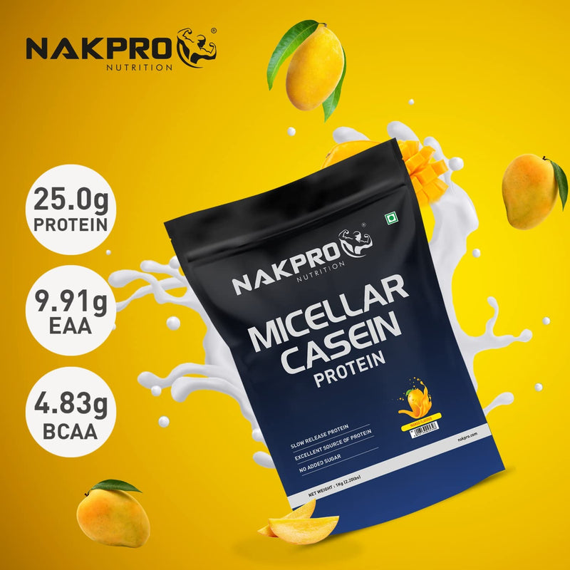 NAKPRO 100% Micellar Casein Protein Supplement |25g Protein, 9.91g EAAs, 4.83g BCAAs| Slow Absorbing Micellar Casein Protein Powder (Mango, 1 Kg)