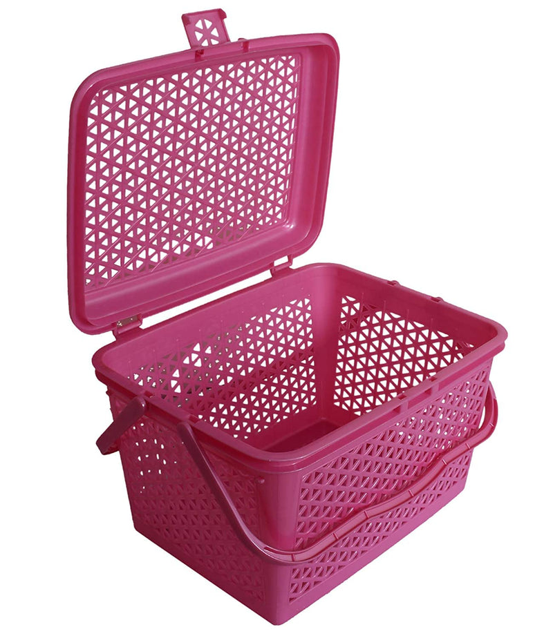 Kuber Industries Plastic Trendy Shopping Storage Basket with Handles - Small Bin (Pink)-KUBMART11092