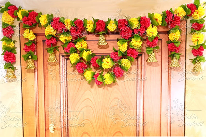 Shobha Sanskruti Artificial Marigold Flowers Garlands Toran Door Hangings (Red & Yellow)