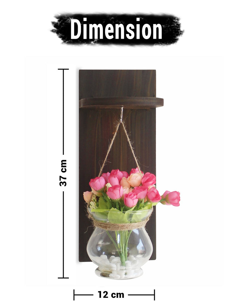 Tied Ribbons Wood Wall Shelf with Flower Vase and Artificial Flowers (11.99 cm x 0.99 cm x 37.01 cm, Multi)