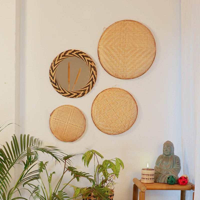 Bamboo Round Woven Mirror | Round Bamboo Mirror | Wall Mirror | Wall Mirror for Living Room, Bedroom|Colour - Natural/Black