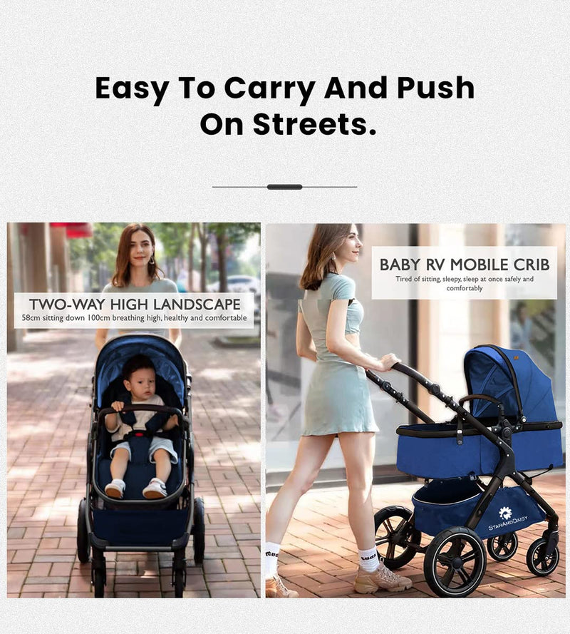 StarAndDaisy Easy Go Baby Stroller For 0-3Y Girls&Boys,Luxury Look,One Push Foldable Desing,5 Point Safety Belt,Comfortable&Washable Fabric And Reversible&Convertible Kids Pram(Blue With Black Tubes)