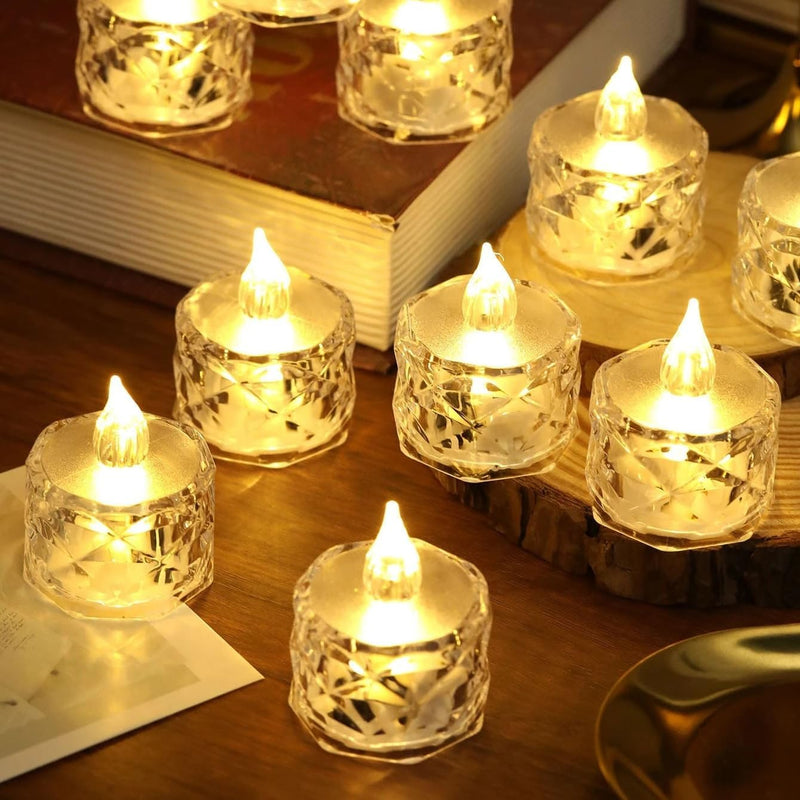 Crystal LED Tea Light Flicking Candle 6 Pieces Decorative Smokeless Flameless Acrylic Candles Lights for Home Decoration for Diwali, Christmas, Anniversary (Yellow, 5CM, Pack of 6)