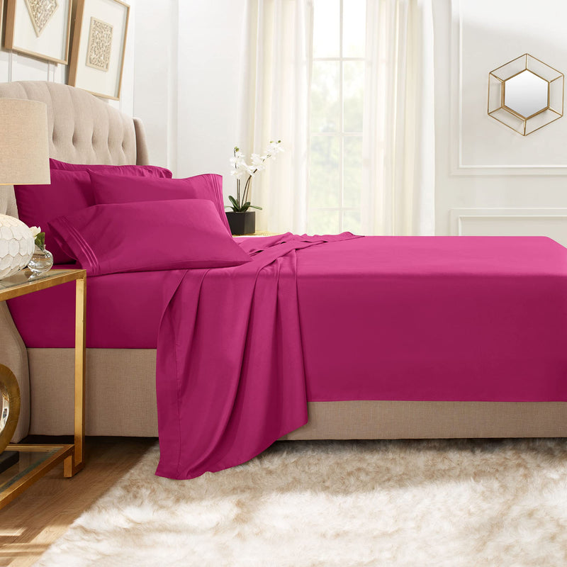 Clara Clark Premier 1800 Collection Bed Sheet Set with Extra Pillowcases Wrinkle, Fade & Stain Resistant, King, Magenta