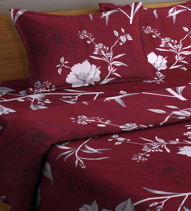 GreenElephant Floral Print Double Bed Bedsheet, 90 x 100 Inches, 210 Thread Count Cotton Blend Flat Sheet, Includes Pillow Covers, Red Silhouette Floral Print