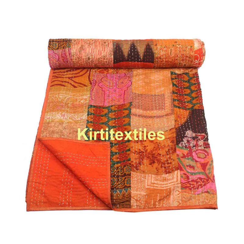 Kirti Textile and Handicraft Silk Hand Made Design Kantha Quilt Blanket, Bed Cover, Bedspread (Size 90” X 108”) - Multicolour