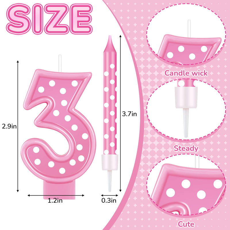 Birthday Candle Number Girls 3 Inch Hot Pink Candle and 6 Pcs Polka Dot Birthday Candles 3.8 Inch First Party Cake Birthday Decorations for Girl (Number 3)