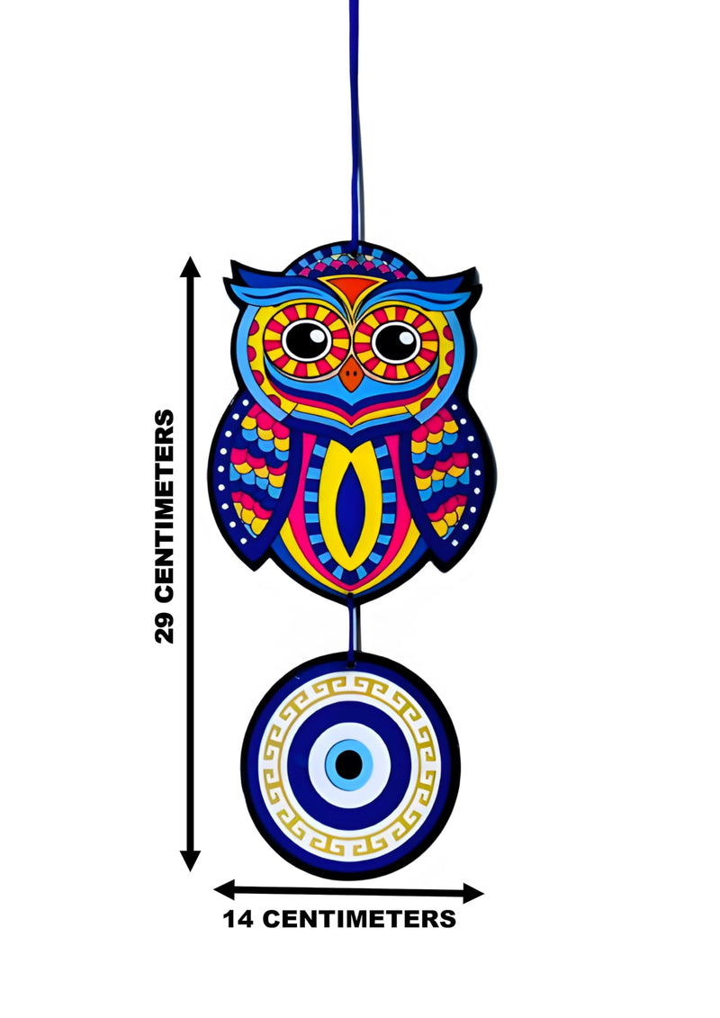 Blue Wooden Owl Hanging Chime Decoration with Evil Eye Theme