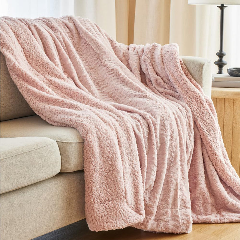 The Connecticut Home Company Luxury Faux Fur with Sherpa Reversible Throw Blanket, Super Soft, Large Wrinkle Resistant Blankets, Warm Hypoallergenic Washable Couch or Bed Throws, 65x50, Dusty Rose