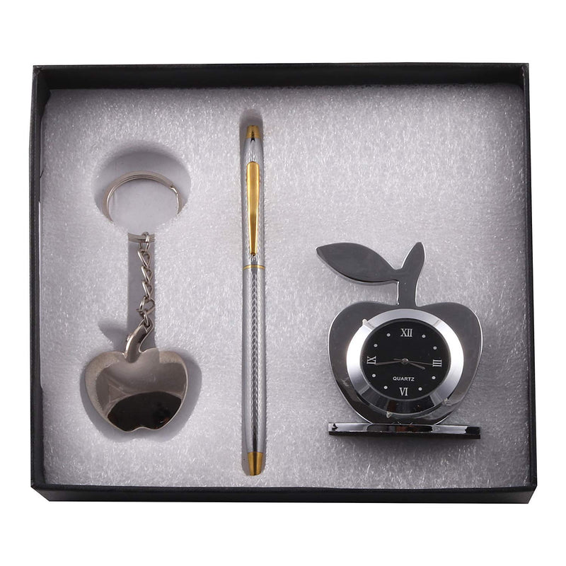 Lavanaya Silver 3 in 1 Gift Set with Table Clock, Metal Key Chain Pen Set