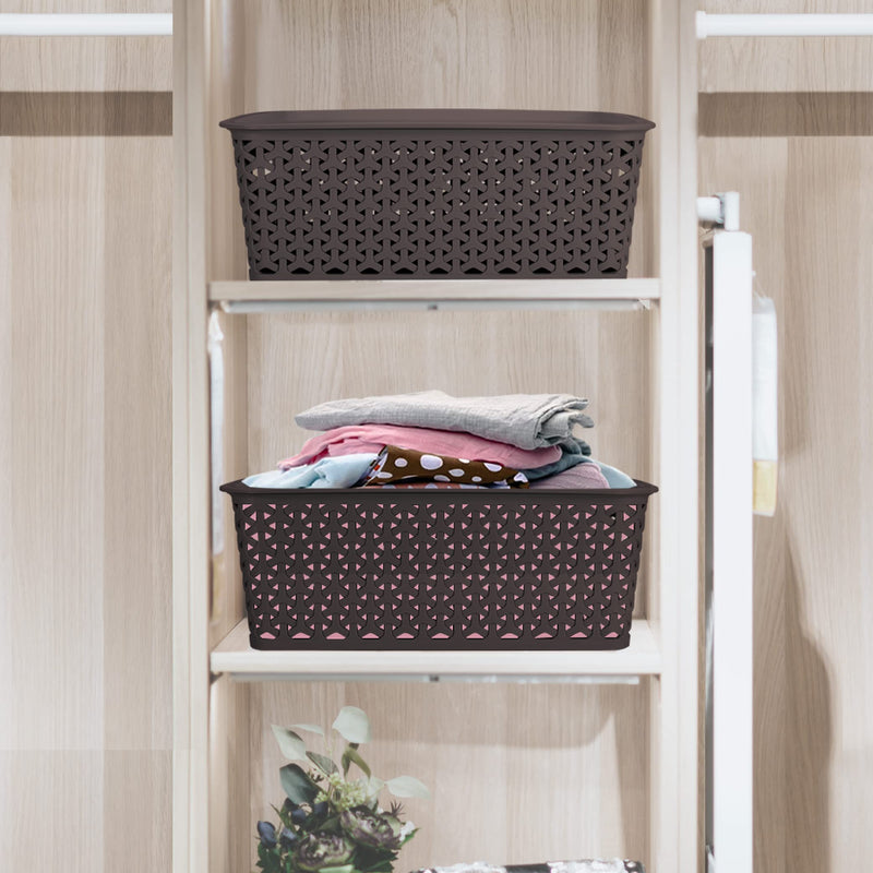 Bel Casa Medium Size Baskets Set Pack of 3 Royal Basket Multipurpose Plastic Storage Baskets for Wardrobe / Home / Kitchen - Dark Brown