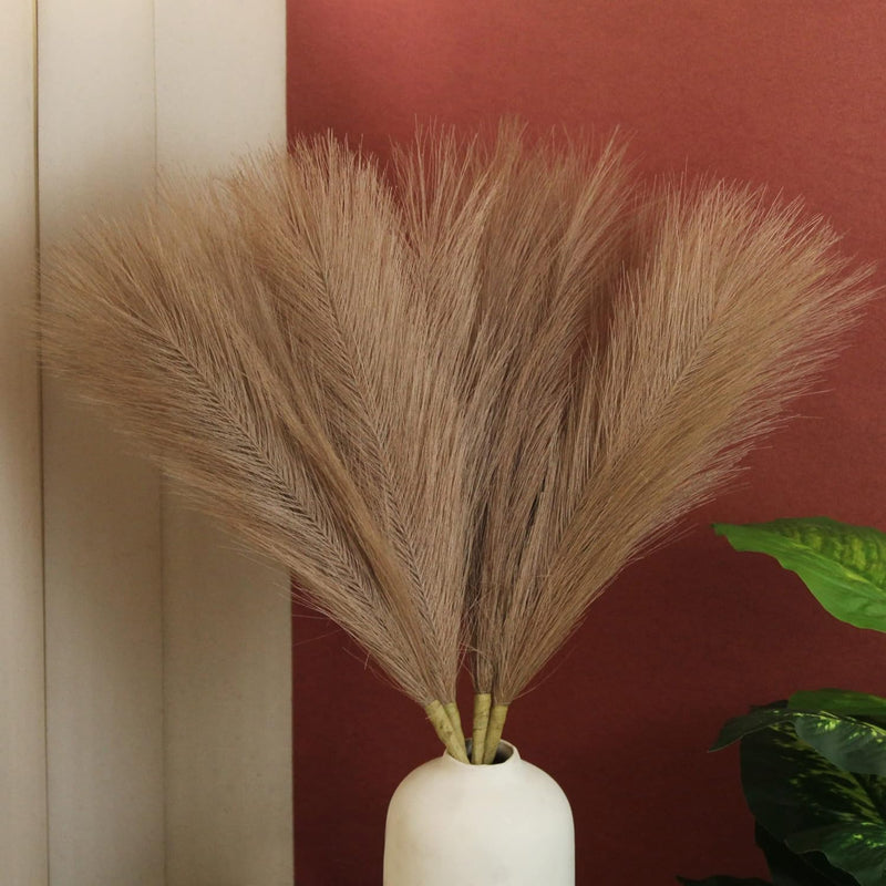 TIED RIBBONS Pack of 3 Fluffy Artificial Pampas Grass Flowers with Vase for Home Decor Living Room Farmhouse Bedroom Office Table Decoration Combo (Brown)