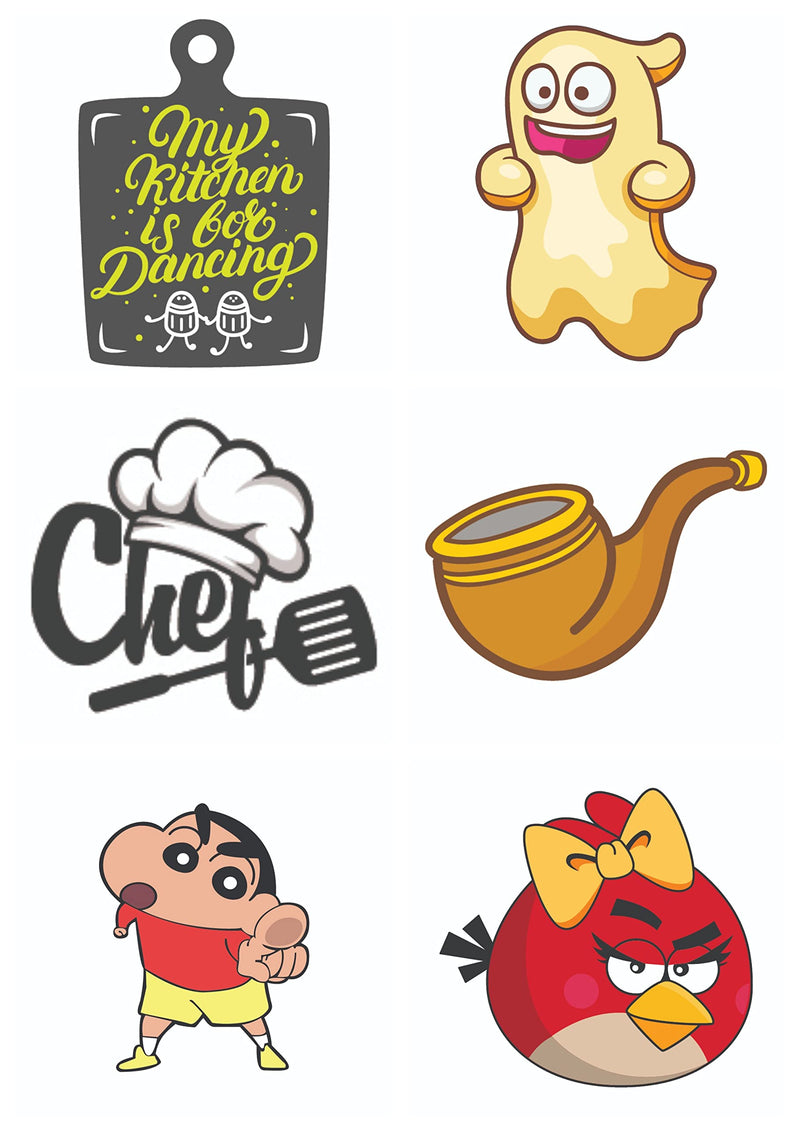 Bhai Please My Kitchen is for Dancing, Boo, Chef, Cigar, Shinchan and Angry Bird Wooden Fridge Magnet (Pack of 6 pcs, one pc Each Design)