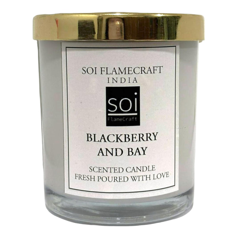 Soi Flamecraft Glass Jar with Metallic Lid Scented Candle| BlackBerry & Bay Fragrance | White Jar Soy Wax Candle | 45 hrs Long-Lasting Aroma | Ideal for Home Decor and Gifting