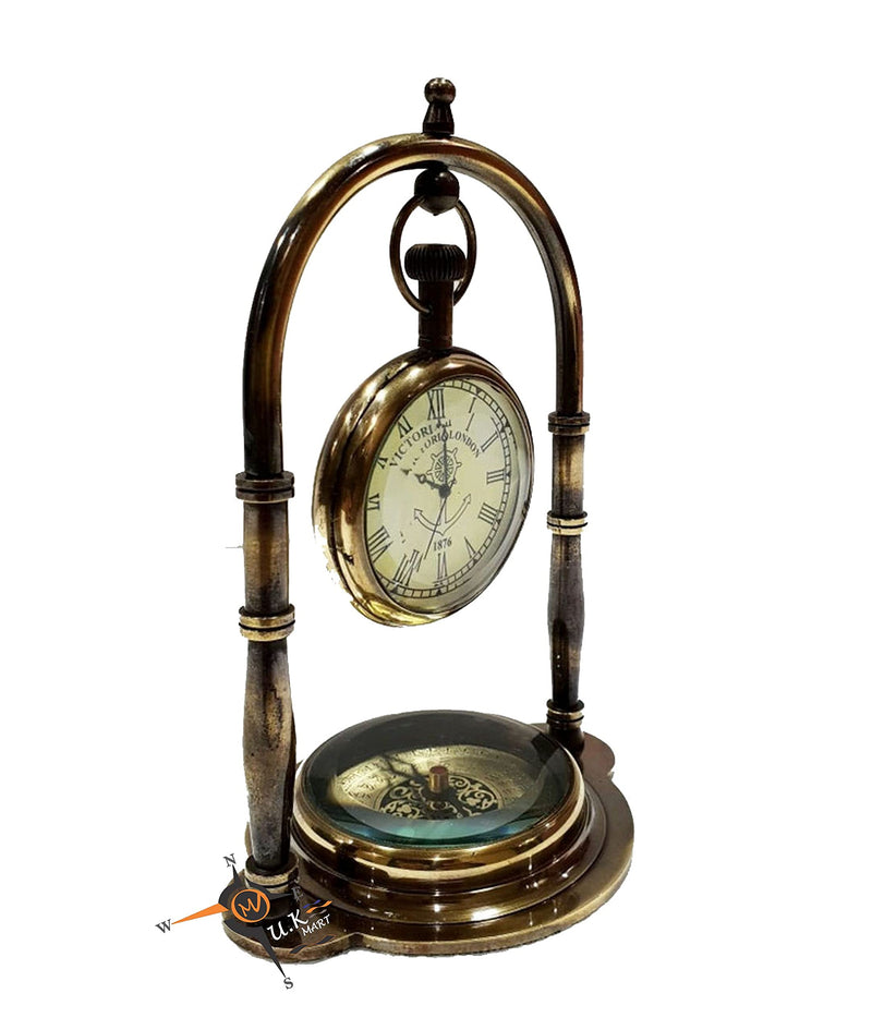 M.A & SONS Antique Brass Table Clock Compass Style Nautical Maritime Ship Desk Clock Office Decor Solid Brass Beautifully Engraved Clock & Compass