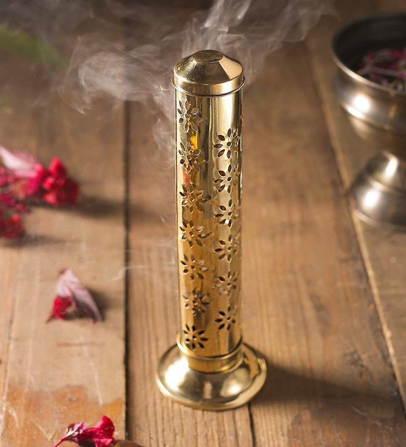 Antique Collection Floral Brass Agarbatti Stand with Ash Catcher,Set of 1 (8 L* 8 B* 26.5H cm)(Cylindrical)