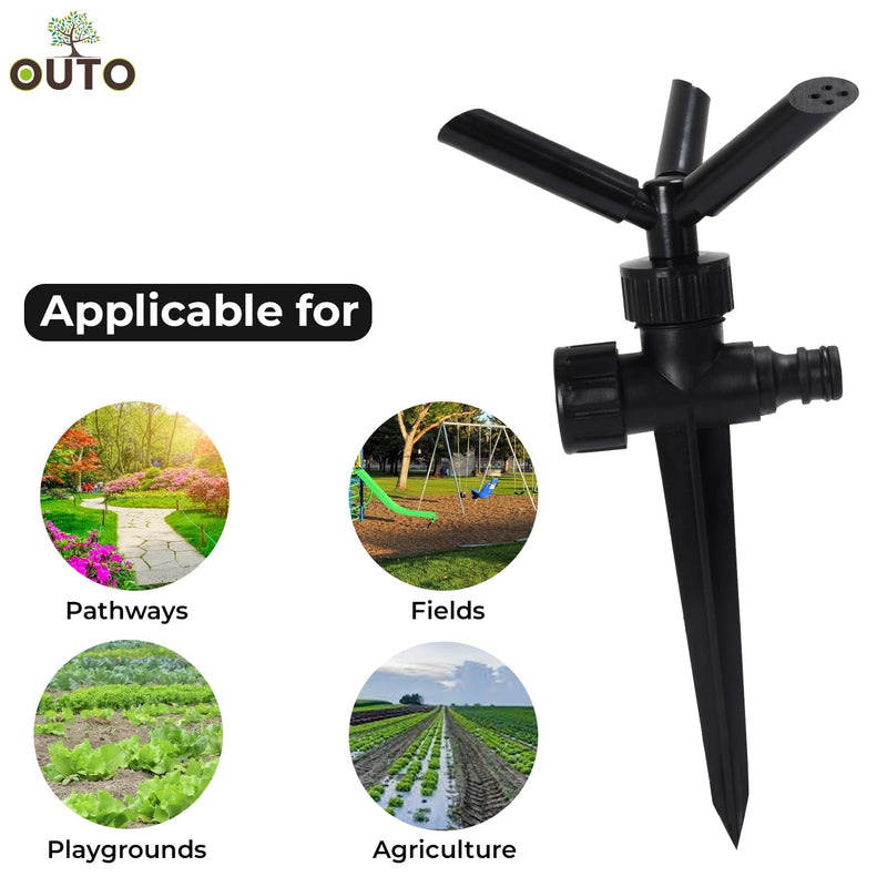 OUTO Automatic Garden Sprinkler 360 Degree Rotating Adjustable 3 Arm Water Sprayer for Watering Plants Outdoor Lawn Yard Park Irrigation System