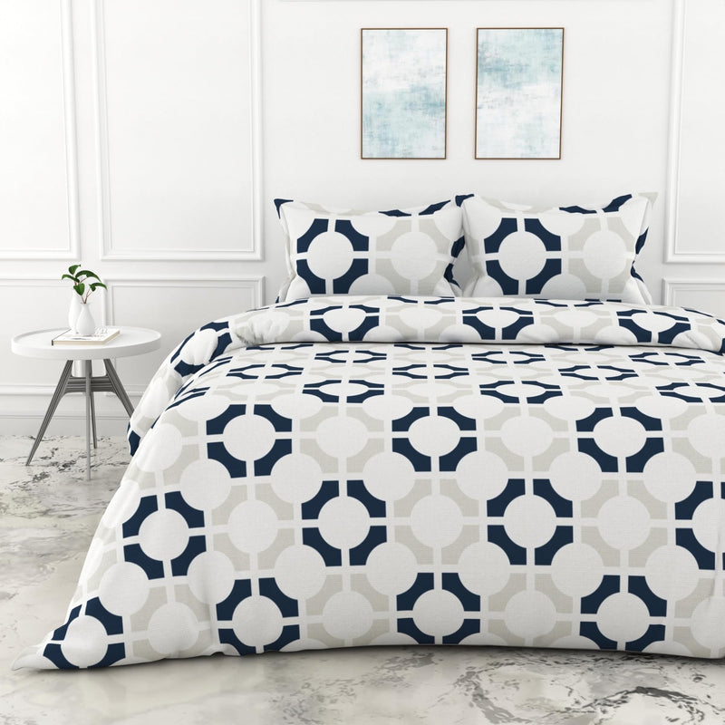 LORETO – A QUALITY LINEN BRAND 144 TC 100% Cotton Bedsheet for Double Bed with 2 Pillow Covers - Colonial Blue Matrix