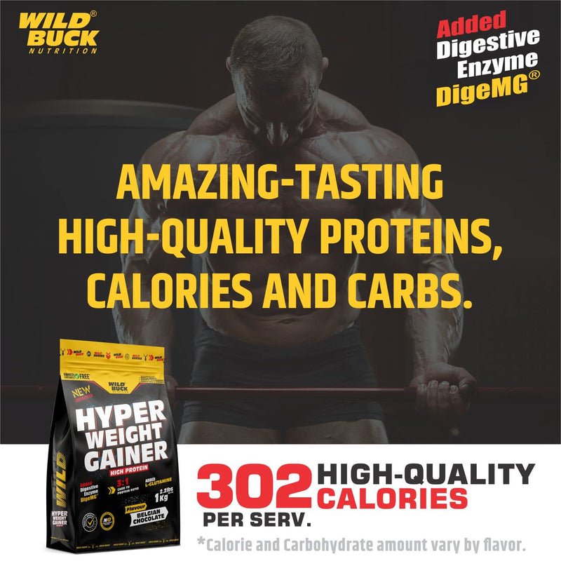 WILD BUCK Hyper Weight Gainer, High Protein Muscle Mass & Weight Gainer With L-Glutamine & Digestive Enzymes | Post-Workout Protein Powder For Muscle Gain [Belgian Chocolate, 1 Kg / 2.2 Lb]