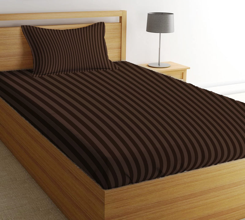 MUKESH HANDICRAFTS Cotton Striped 300 Tc Single Bedsheet/Flat Sheet with 1 Pillow Covers -60x90 inch (Chocolate Brown)