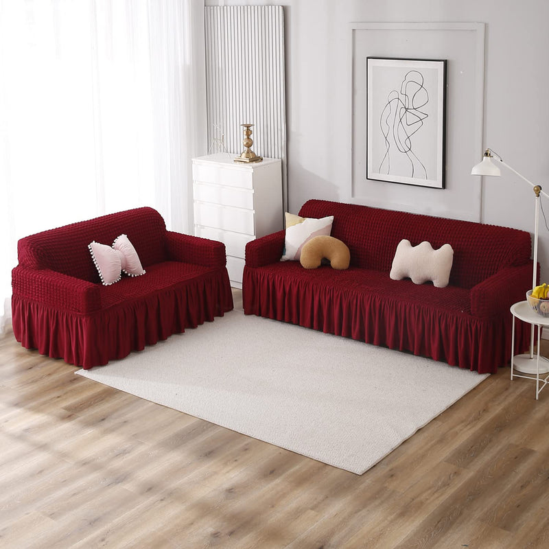 HOKIPO Stretchable Elastic Turkish Bubble Frill Cover for Sofa 3 Seater, Cherry Red (AR-4604-B5)