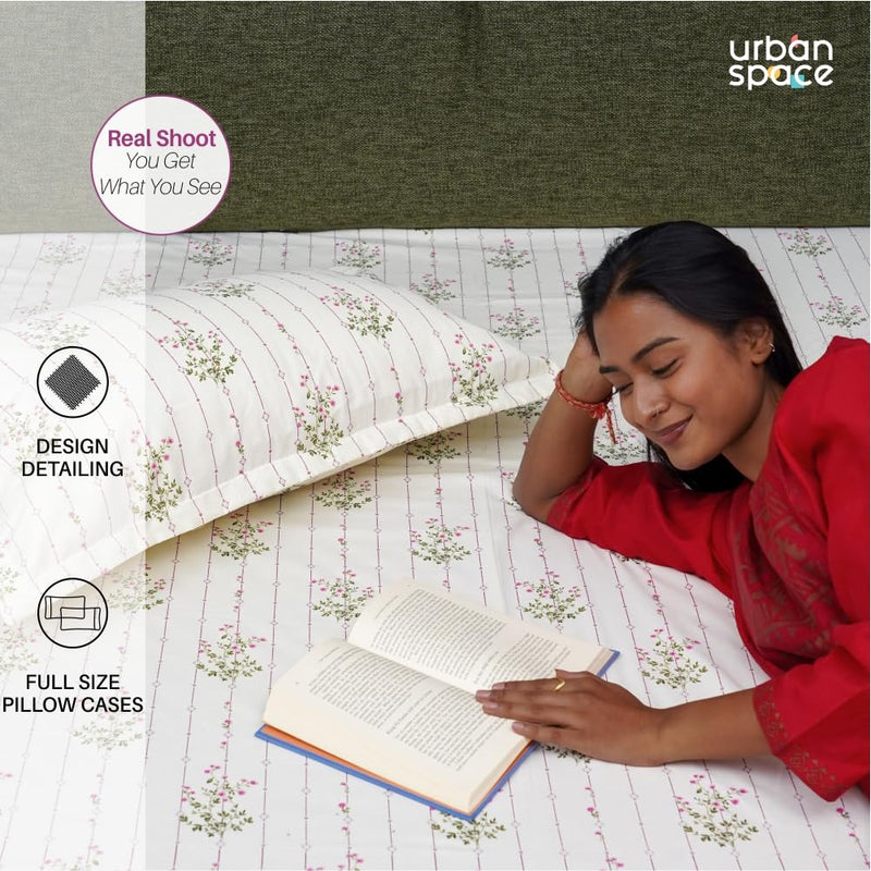 Urban Space Serene 100% Cotton 200 TC Printed Bedsheet for Single Bed with 1 Pillow Cover (Size 58 x 90 inches, Sedum Pink)