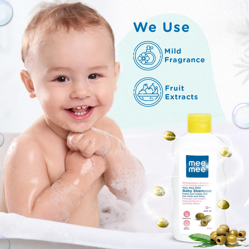 Mee Mee Mild Baby Shampoo 400 ml | Mild & Gentle| Tear-Free Formula, Enriched with Olive Extracts, Nurturing for Infant Hair - From Birth Onwards, Dermatologist-Approved