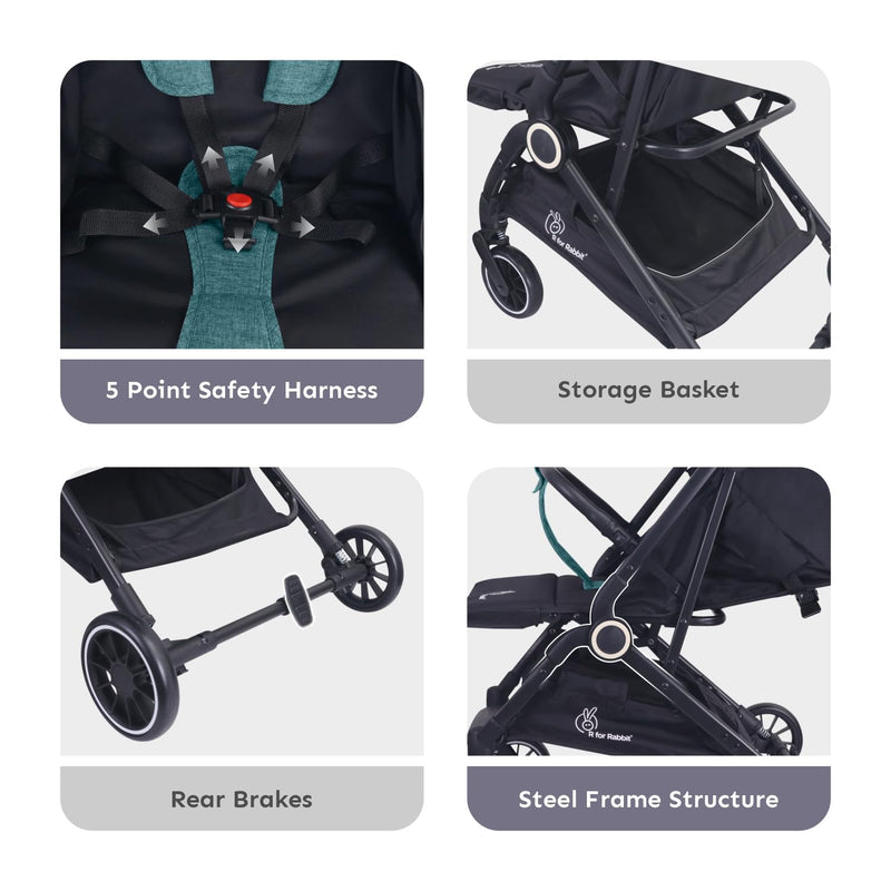 R for Rabbit Pocket Air Stroller Baby Stroller | Portable Travel Friendly Pre Installed Baby Stroller and Pram for Baby / Newborn | Stroller for Baby Boys & Girls of age 0 to 3 Years | 6 Months Warranty | (Green Black)