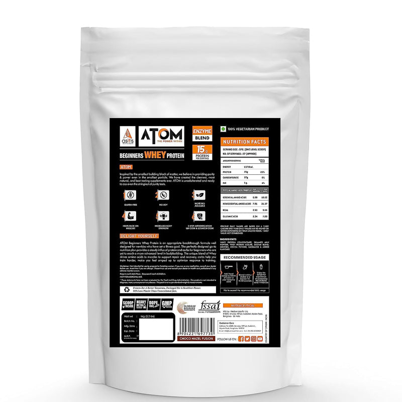 AS-IT-IS ATOM Beginners Whey Protein 1kg | Accelerates Muscle-building | Increases Body Strength | Choco Hazel Fusion Flavor