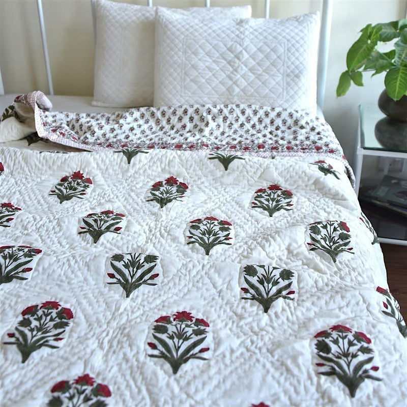 Hopee Shop- Hand Block Paam Tree Rajasthani Jaipuri Floral Print Cotton Double Bed Razai/AC Quilt Traditional White Rajai 90x108 inch