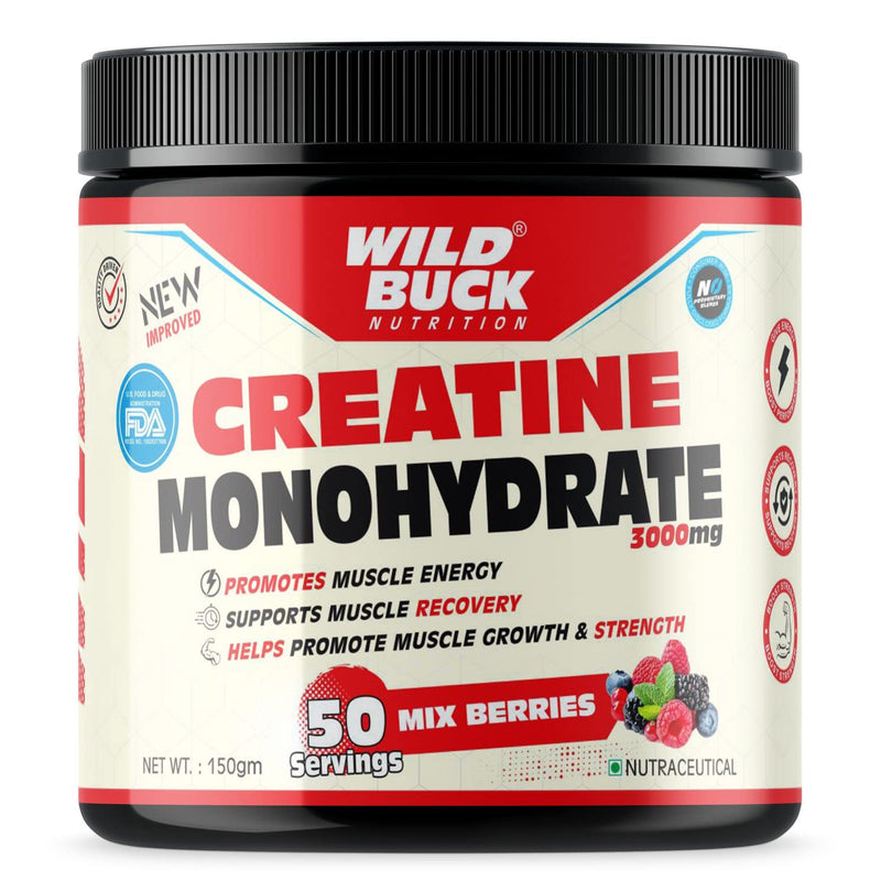 WILD BUCK Creatine Monohydrate Powder, Strength, Reduce Fatigue, 100% Pure Creatine, Lean Muscle Building, Supports Muscle Growth, Athletic Performance, Recovery [50 Servings, Mix Berries]