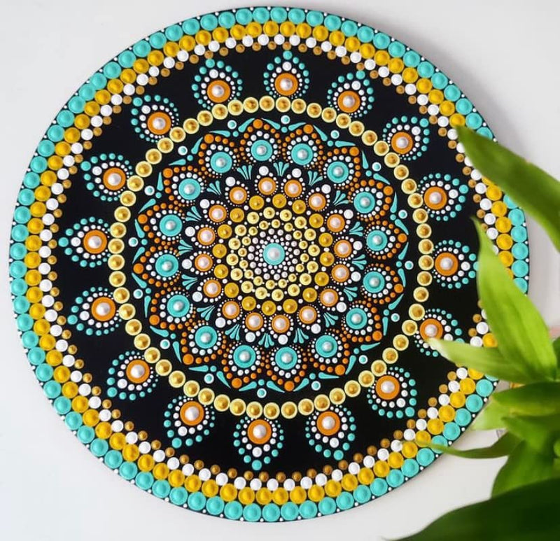 Unique wants Dotted Mandala Original handmade painting with acrylic colours wall hanging for living room, wall decor blue-yellow-white12 X 12 inch